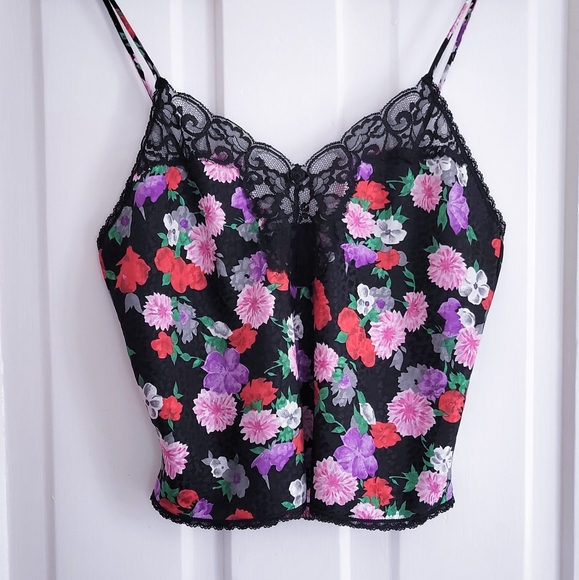 Lucie Ann Tops - Lucie Ann Cami Top • Vintage Floral Camisole • Satin Black Lace • M 36